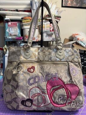 Coach Metallic Beige and Pink Poppy Patchwork Tote